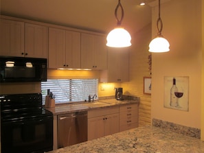 Large kitchen with undercounter lights, lots of counterspace