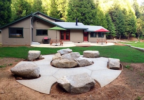 Granite fire pit and patio off kitchen