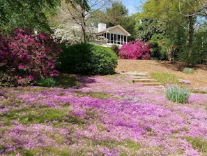 View from shoreline at house in springtime.