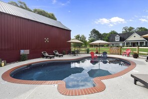 salt water pool with tanning shelf and umbrella