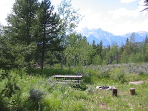 Picnic table, fire pit and view of the Tetons