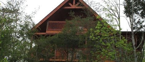 Rear view looking up at the double decks from below