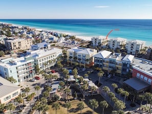 Aerial photo showing Gulf Place across the street and the view from your villa!