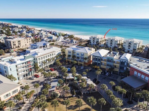 Aerial photo showing Gulf Place across the street and the view from your villa!
