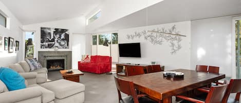 Living Area. The red sofa is a pullout bed by Relax The Back.
