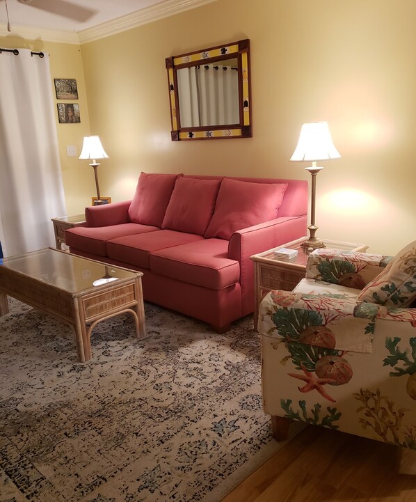 Comfy well decorated Living Room with all the comforts of home.