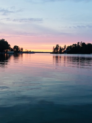 Sunset view from dock,  between mainland and island 