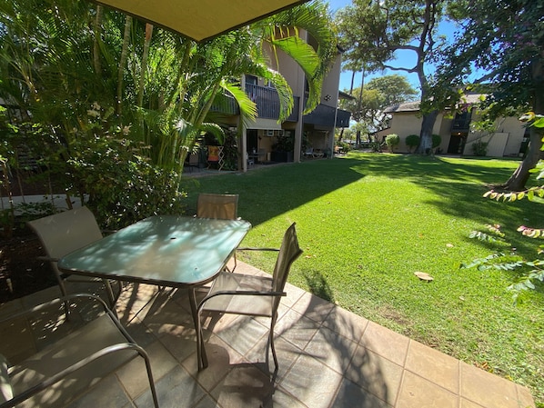 Enjoy your morning coffee on the lanai, overlooking the beautiful gardens.