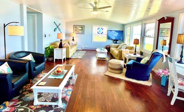Open concept, living, dining, and kitchen with Lake views.