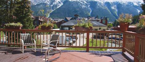 Hot tub deck with panoramic views of 'Sky Chutes'.  Gas BBQ grill also on deck!