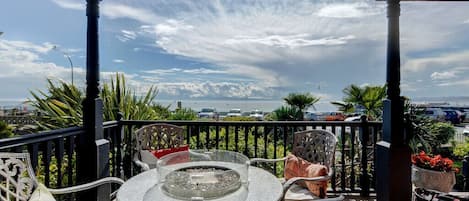 Ocean View from the front deck/living room with gas fireplace.