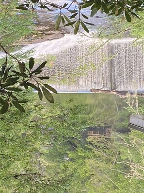 View of the Mirror Lake dam and spillway in our front yard.