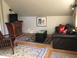 Living area with a leather covered sofa bed and hand knotted rugs.  