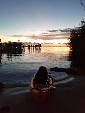 Kayak launch and beach area at sunset