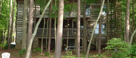 lake side view of cabin, gentle slope to water's edge