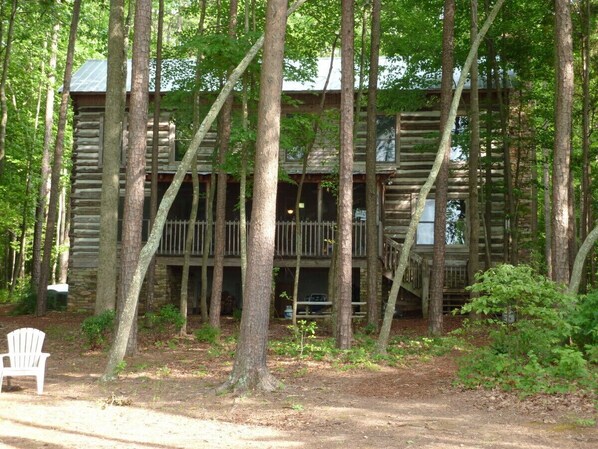 lake side view of cabin, gentle slope to water's edge