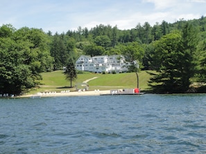 Hillside condos and beach from the lake