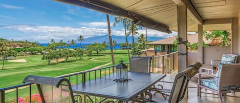 Molokai and golf course view from the  outdoor dining table, enjoy sunsets here!