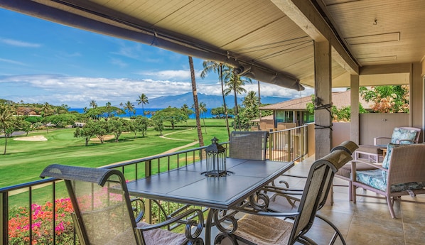 Molokai and golf course view from the  outdoor dining table, enjoy sunsets here!