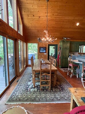 Dining table seats 8-10 with 4 more around island and 8 more at outside table