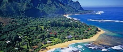 Arial view of Haena with its beautiful beaches and lush green mountains