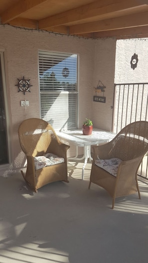Shade and cooling misters on patio .