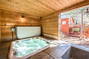 Hottub room with sliding barn door.