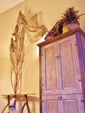 CONDO #1: Towering console table with birch tree on an ancient root stump!