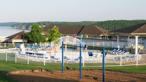 Lazy river for kids & adults! Kids splash pad, large playground overlook lake