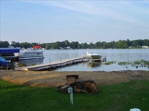 Beach. Boat not included. Boat lift moved. May tie own, or rented boat to pier.