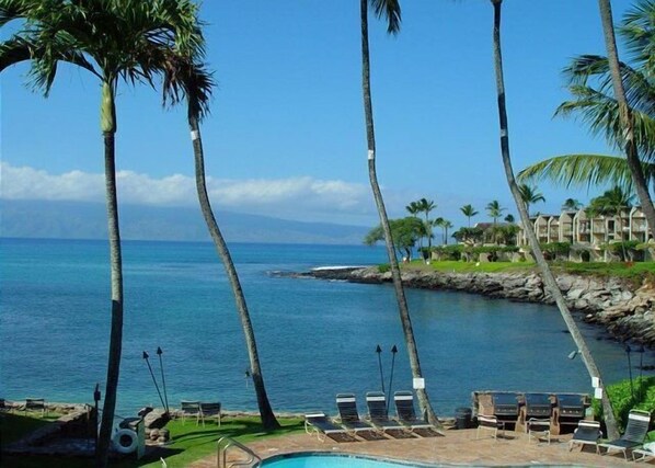 View from the lanai overlooking Honokeana Cove with Molokai in the background