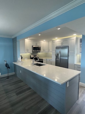 newly remodeled kitchen with quartz countertops & stainless steel appliances 