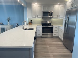 newly remodeled kitchen with quartz countertops & stainless steel appliances 