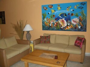 Comfortable, modern furniture in the freshly decorated living room