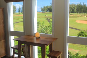 Dining table with ocean view.