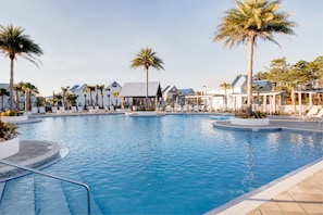 5000 sf pool. Fun for kids and adults. Access to showers and gym