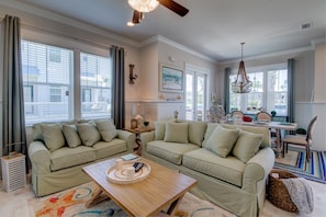Living room and dining table seats 8 people