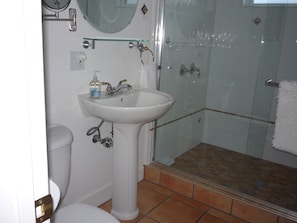 Separate tiled bathroom with shower.