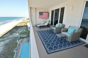 2 deep chairs with foot stools and 2 loungers.