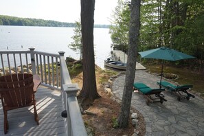 Private boat dock and rock patio.