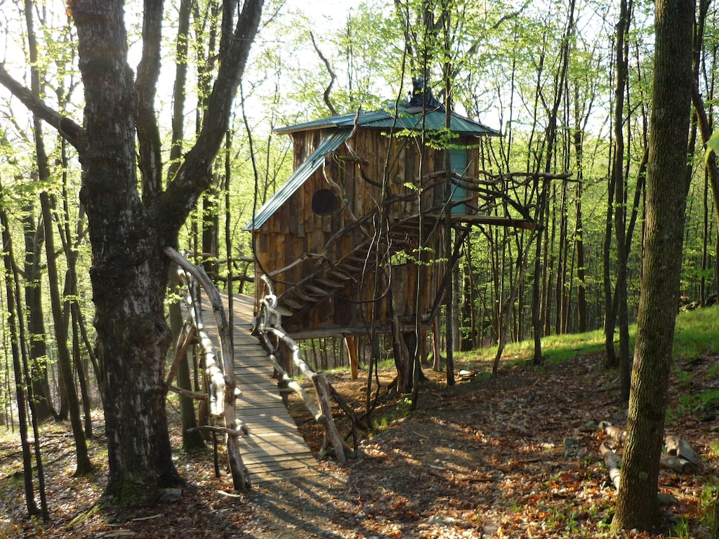 A whimsical looking Vermont treehouse is seen with spindly railing on the ramp that leads up to to the door