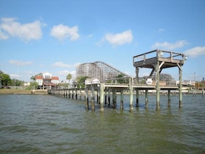 Our 220 foot pier with an elevated level for viewing Galveston Bay