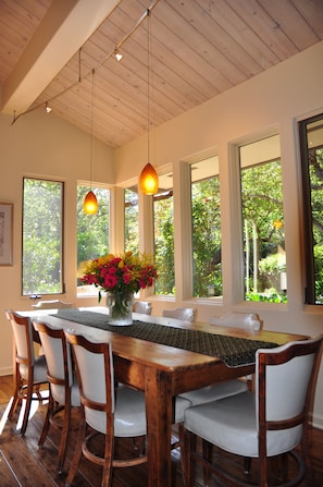The dining area seats eight for family-style meals.