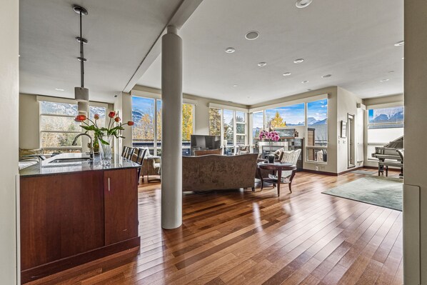 Open concept kitchen, living room and dining room