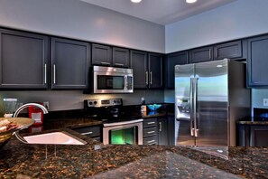 Stainless steel appliances and granite countertops