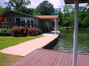 View of the large lakeside patio and one of the decks from the pier