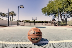 Enjoy our private sports court for a game of basketball pickleball or volleyball
