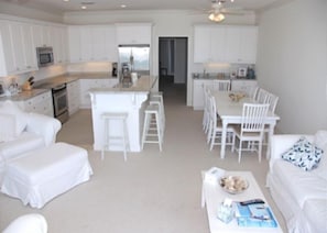 Kitchen and Dining Area from Living Room, Table Seats 8 and Island Seats Four
