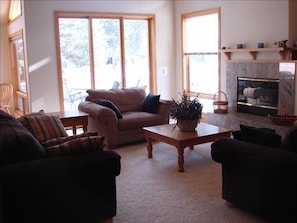 The living area is furnished comfortably around the gas fireplace.