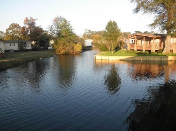 View of lake from deck. Relax and watch the ducks go by.